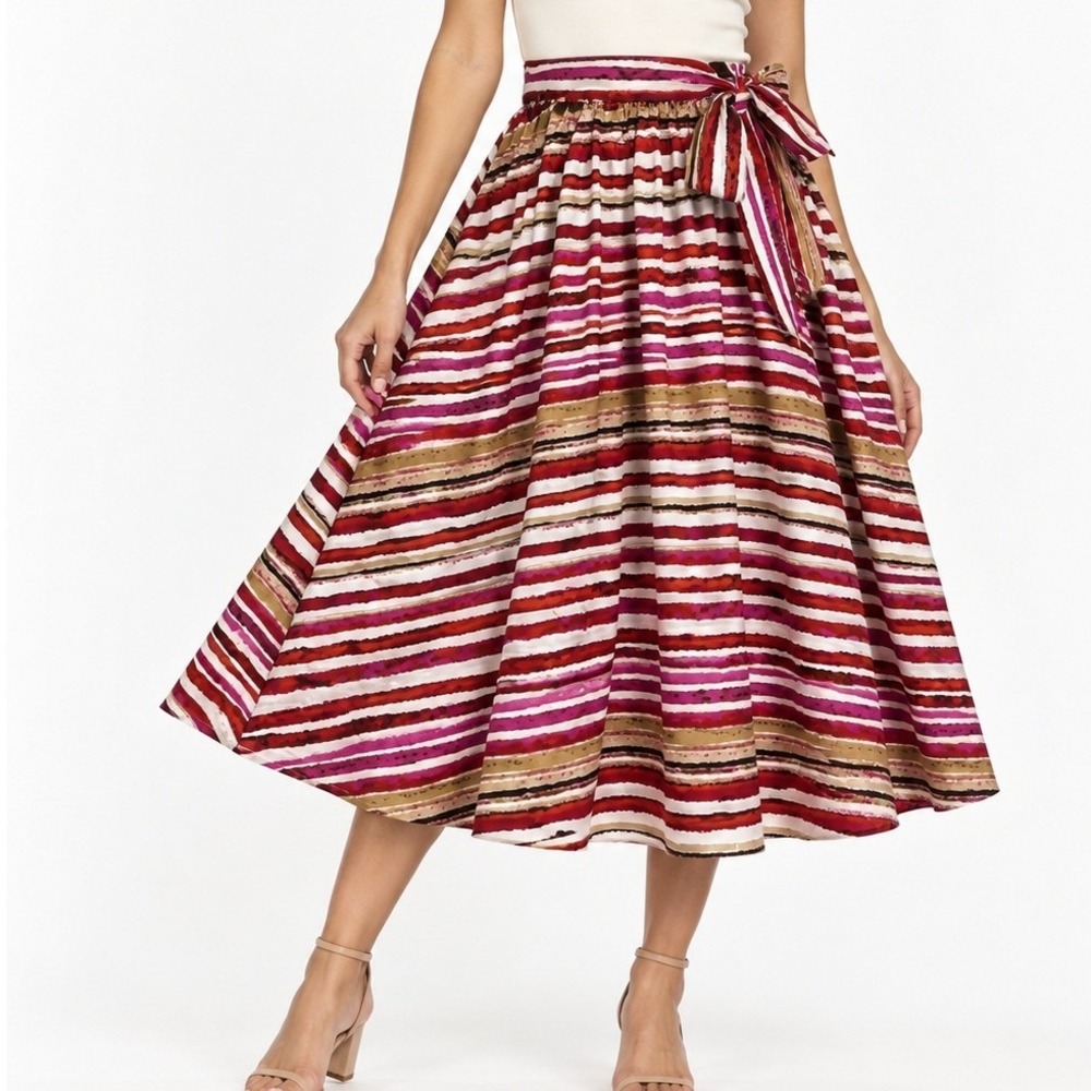 Women's Midi Skirt Red Fuchsia Size L Striped Tie Waist Boho Flowy A-Line